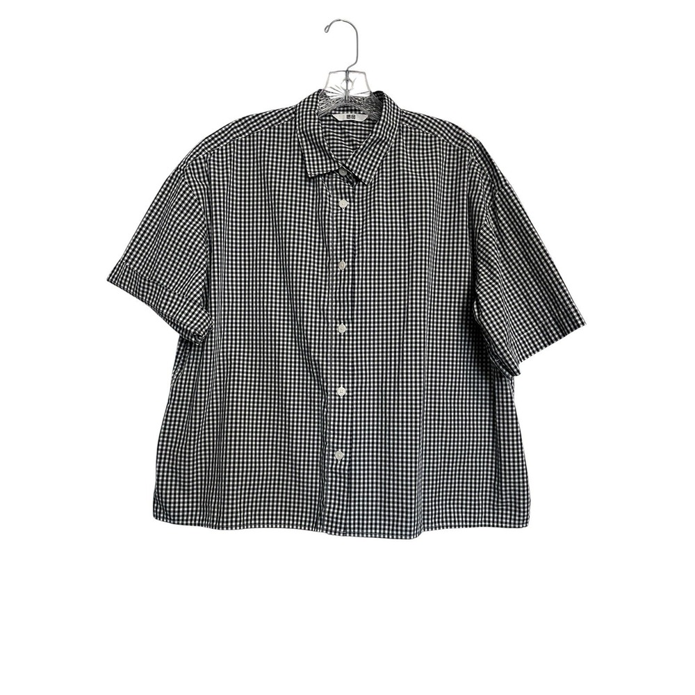UNIQLO Sz L Shirt Women Navy & White Gingham Checked SS Half Sleeve Cotton Boxy